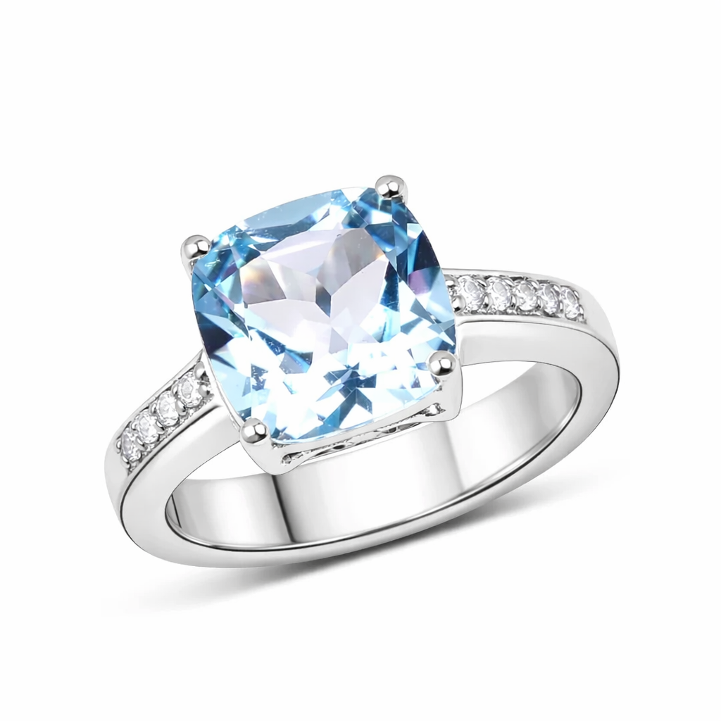 Natural Blue Topaz Solitaire Pave Ring