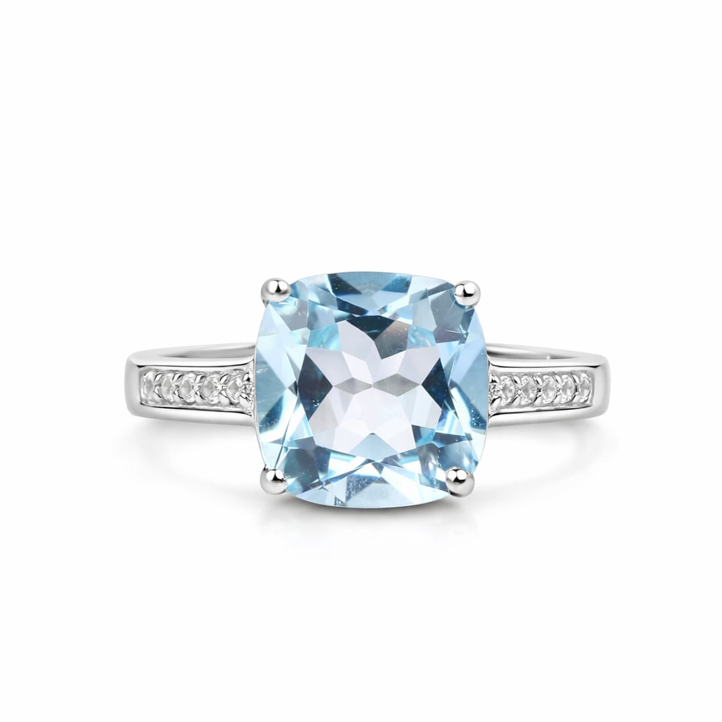 Natural Blue Topaz Solitaire Pave Ring