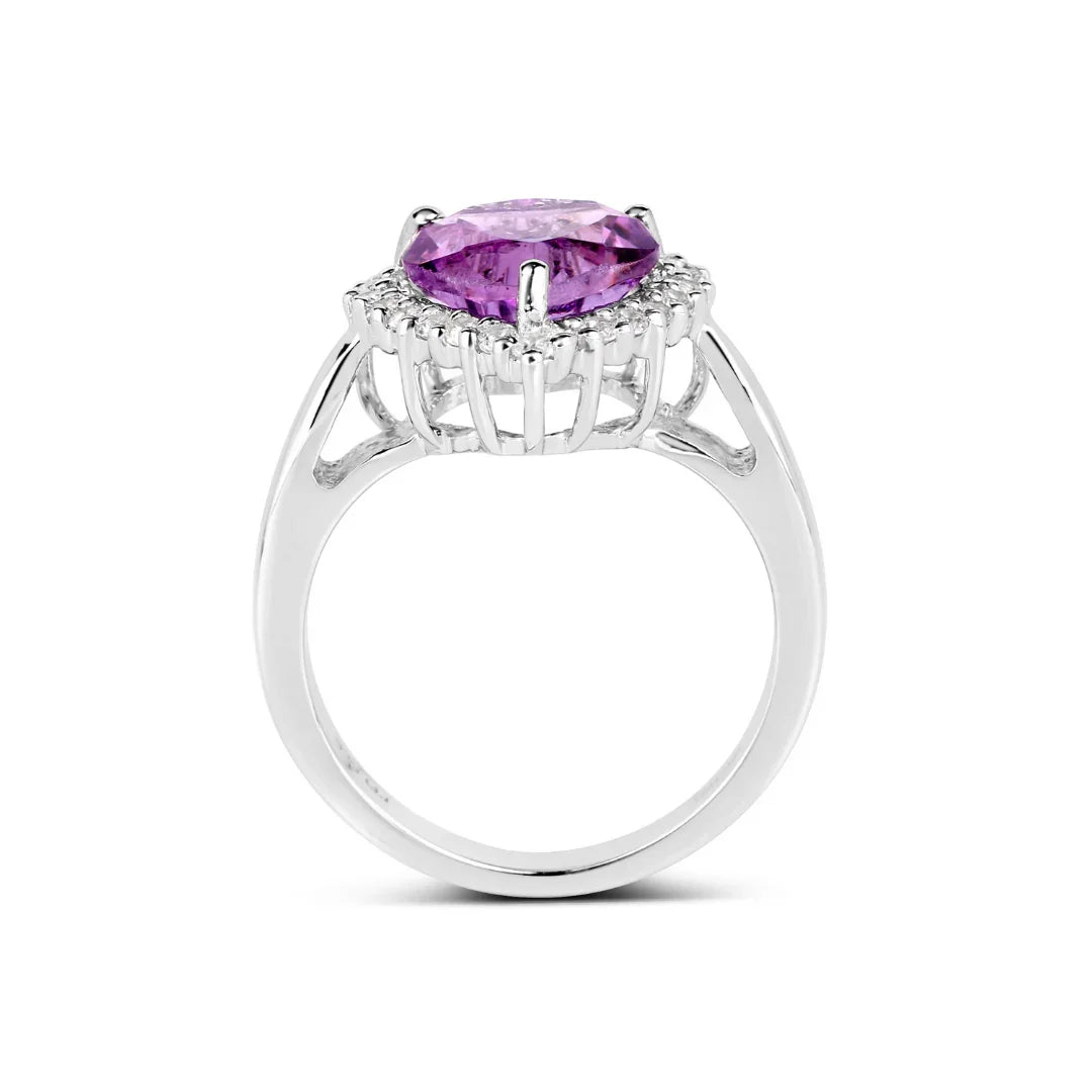 3.53 Ct Heart Purple Amethyst and White Topaz Prong Silver Halo Promise Ring