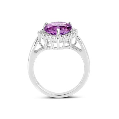 3.53 Ct Heart Purple Amethyst and White Topaz Prong Silver Halo Promise Ring