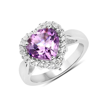 3.53 Ct Heart Purple Amethyst and White Topaz Prong Silver Halo Promise Ring