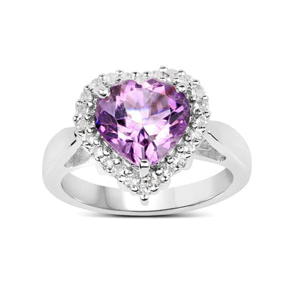 3.53 Ct Heart Purple Amethyst and White Topaz Prong Silver Halo Promise Ring