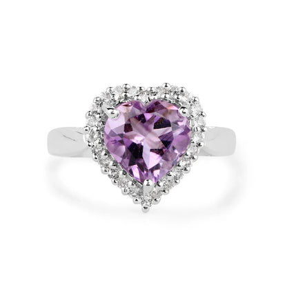 3.53 Ct Heart Purple Amethyst and White Topaz Prong Silver Halo Promise Ring