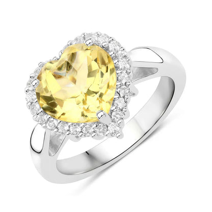 3.43 Ct Heart Yellow Citrine and White Topaz Prong Silver Halo Ring