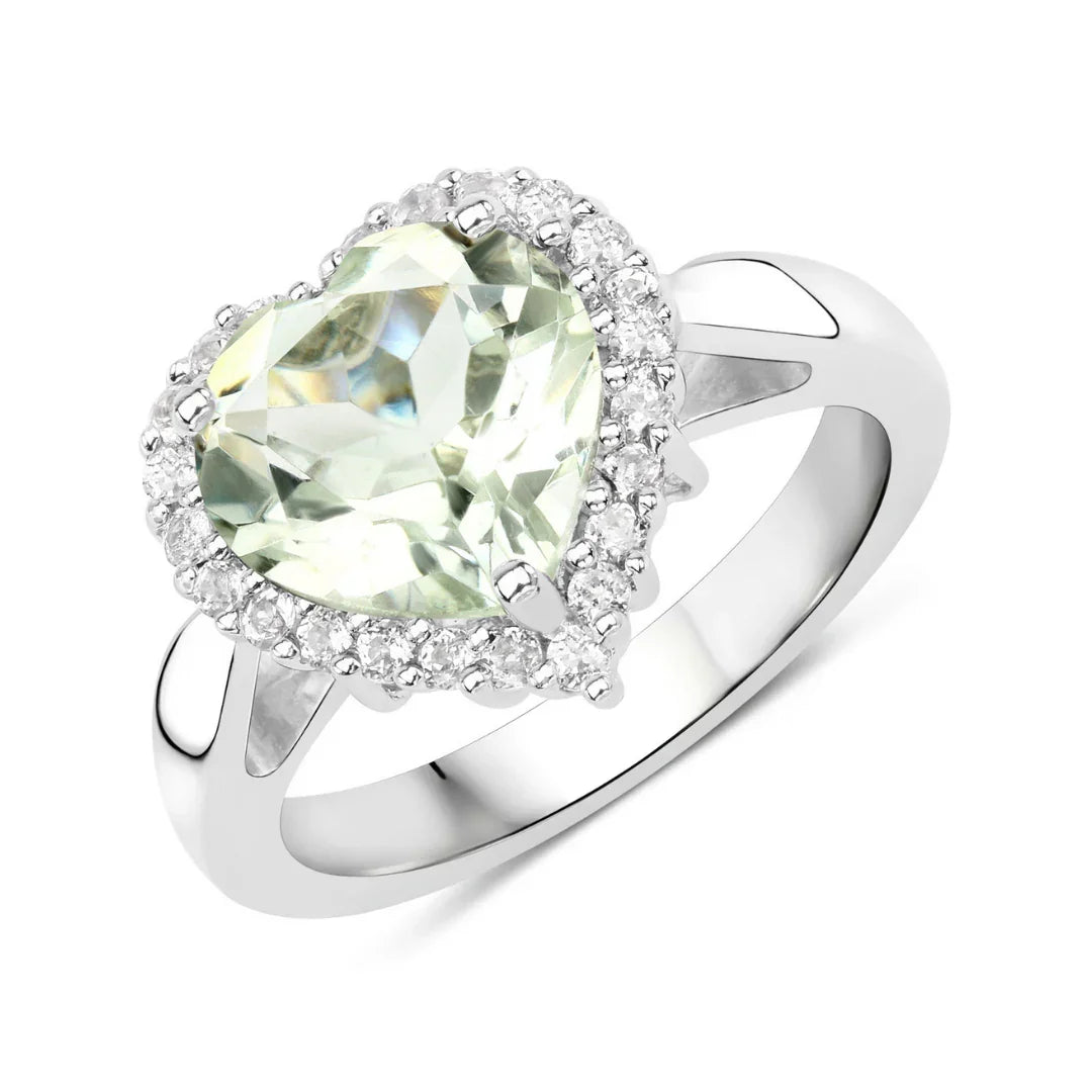4.03 Ct Heart Green Amethyst and White Topaz Prong Silver Halo Promise Ring