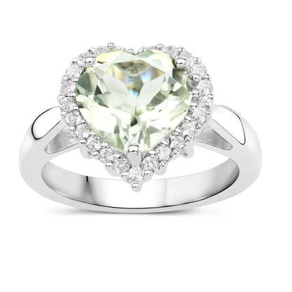 4.03 Ct Heart Green Amethyst and White Topaz Prong Silver Halo Promise Ring