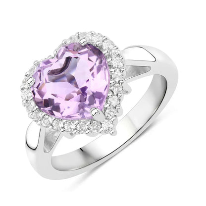 4.03 Ct Heart Pink Amethyst and White Topaz Prong Silver Halo Promise Ring