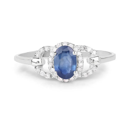 0.60 Ct Oval Blue Sapphire and White Diamond Prong 10K White Gold Halo Cocktail Ring