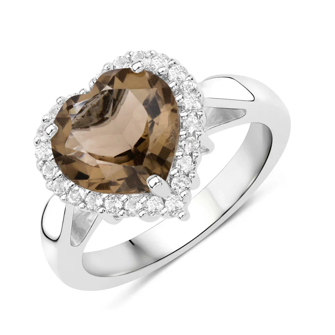 Genuine Smoky Quartz Heart Halo Ring
