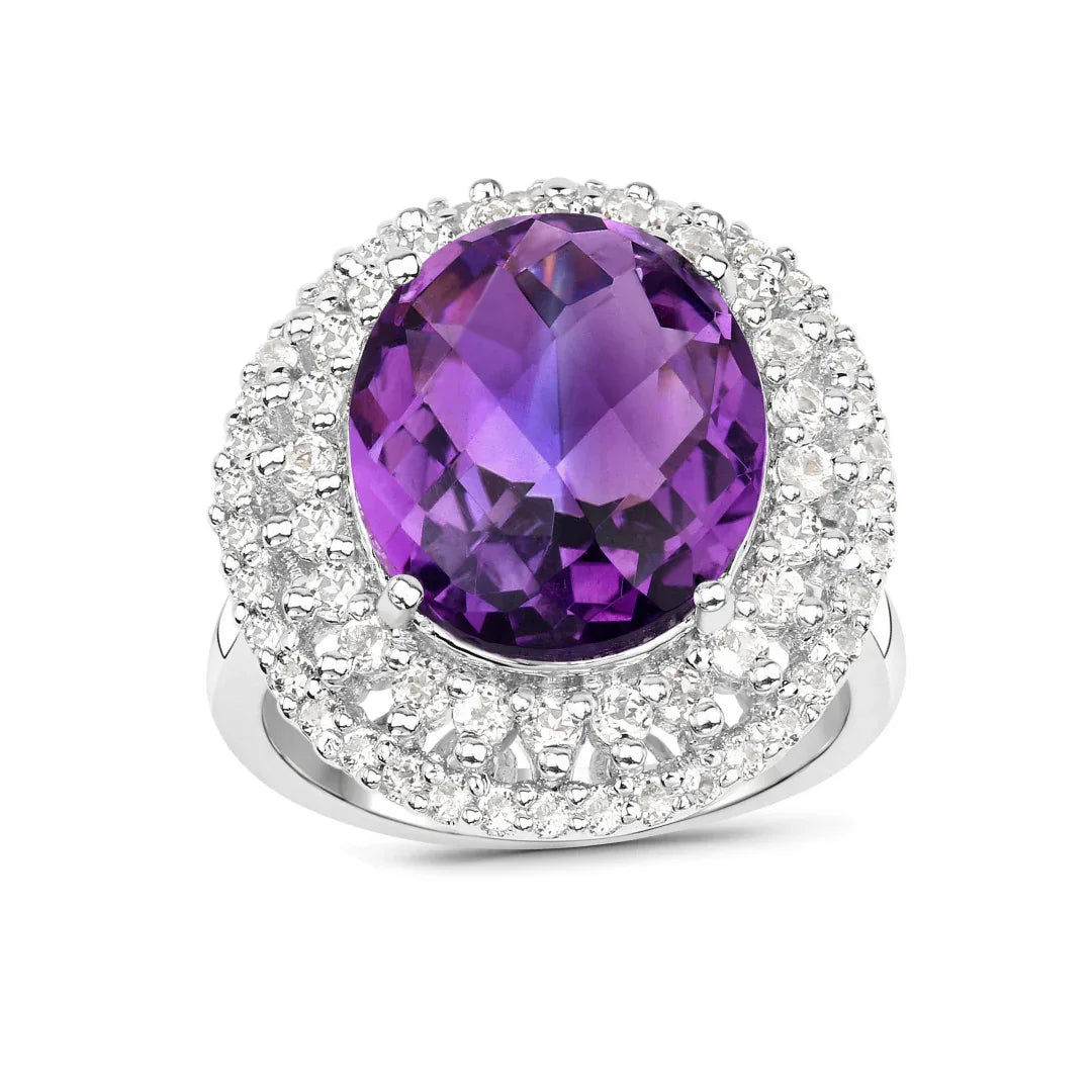 8.41 Ct Oval Purple Amethyst and White Topaz Prong Silver Halo Bold Statement Ring