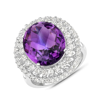 8.41 Ct Oval Purple Amethyst and White Topaz Prong Silver Halo Bold Statement Ring