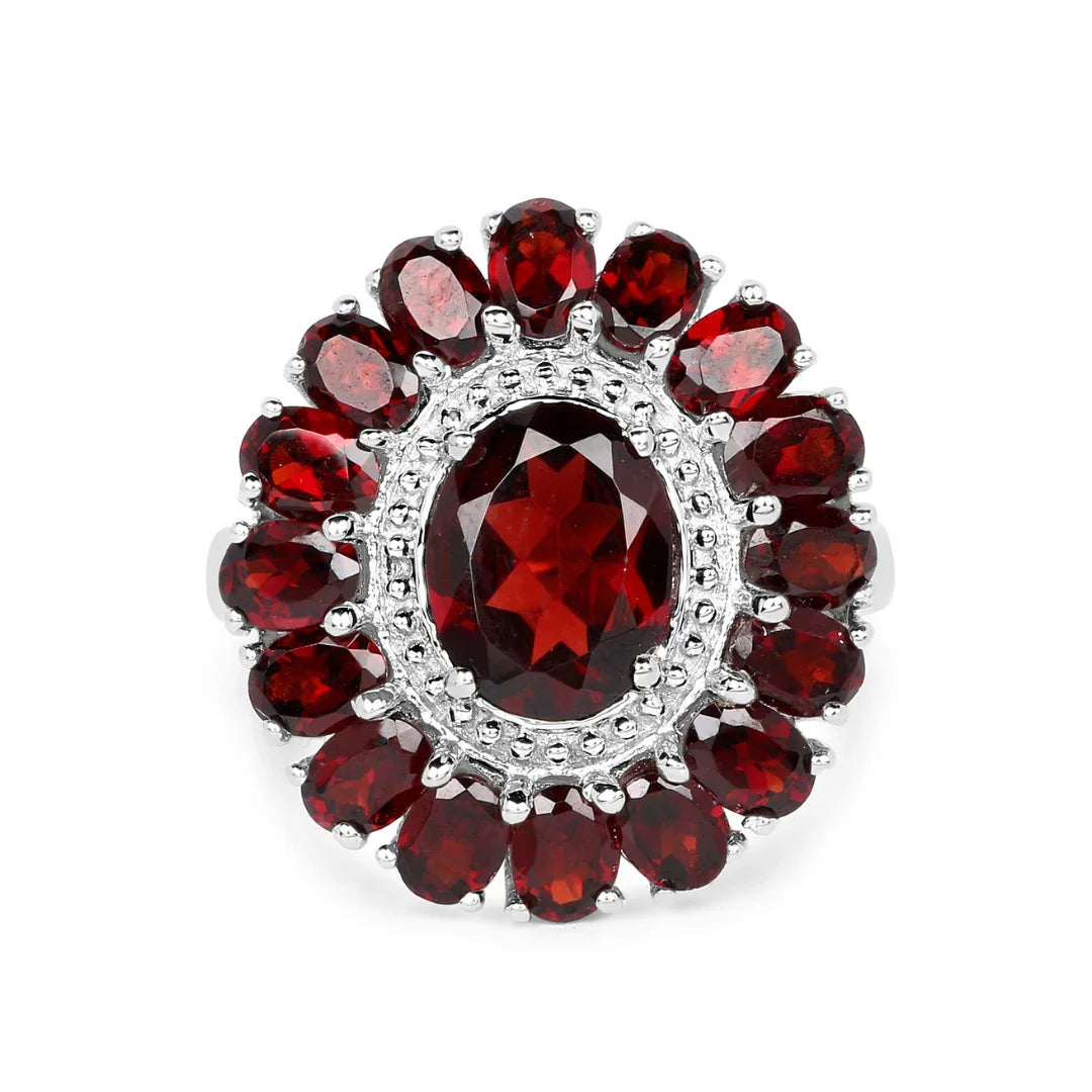 5.20 Ct Oval Red Garnet Prong Silver Flower Ring