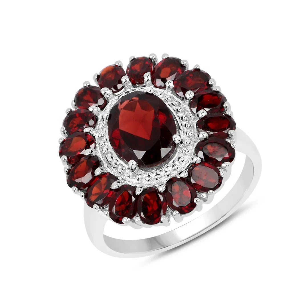 5.20 Ct Oval Red Garnet Prong Silver Flower Ring