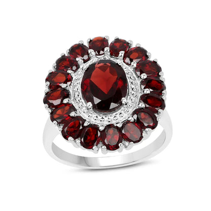 5.20 Ct Oval Red Garnet Prong Silver Flower Ring