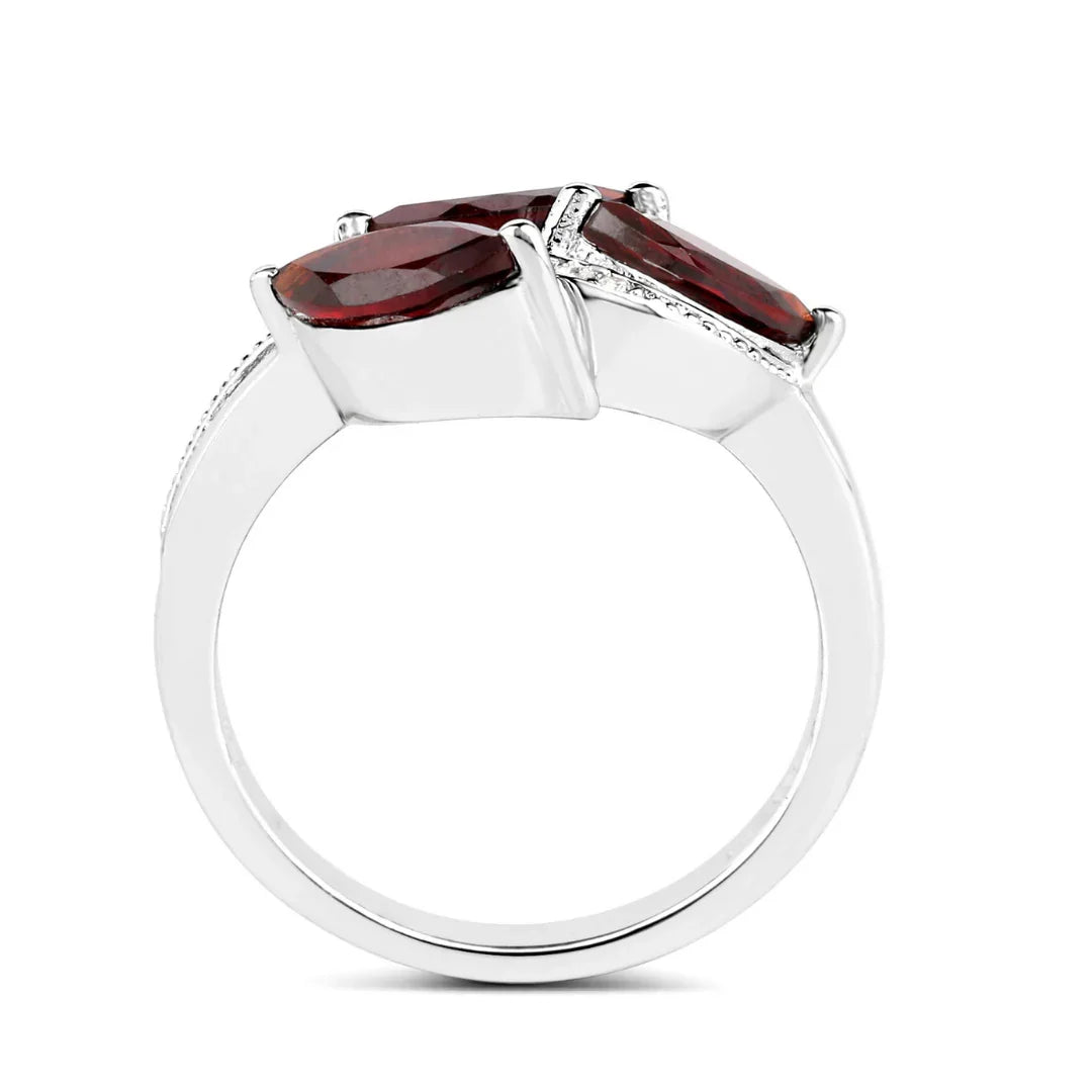 1.98 Ct Marquise Red Garnet and White Topaz Prong Silver Three Stone Leaf Ring