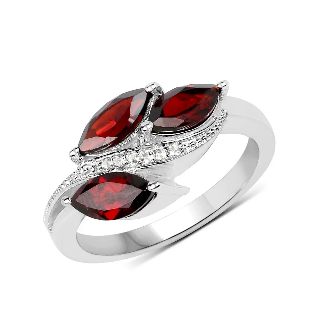 1.98 Ct Marquise Red Garnet and White Topaz Prong Silver Three Stone Leaf Ring