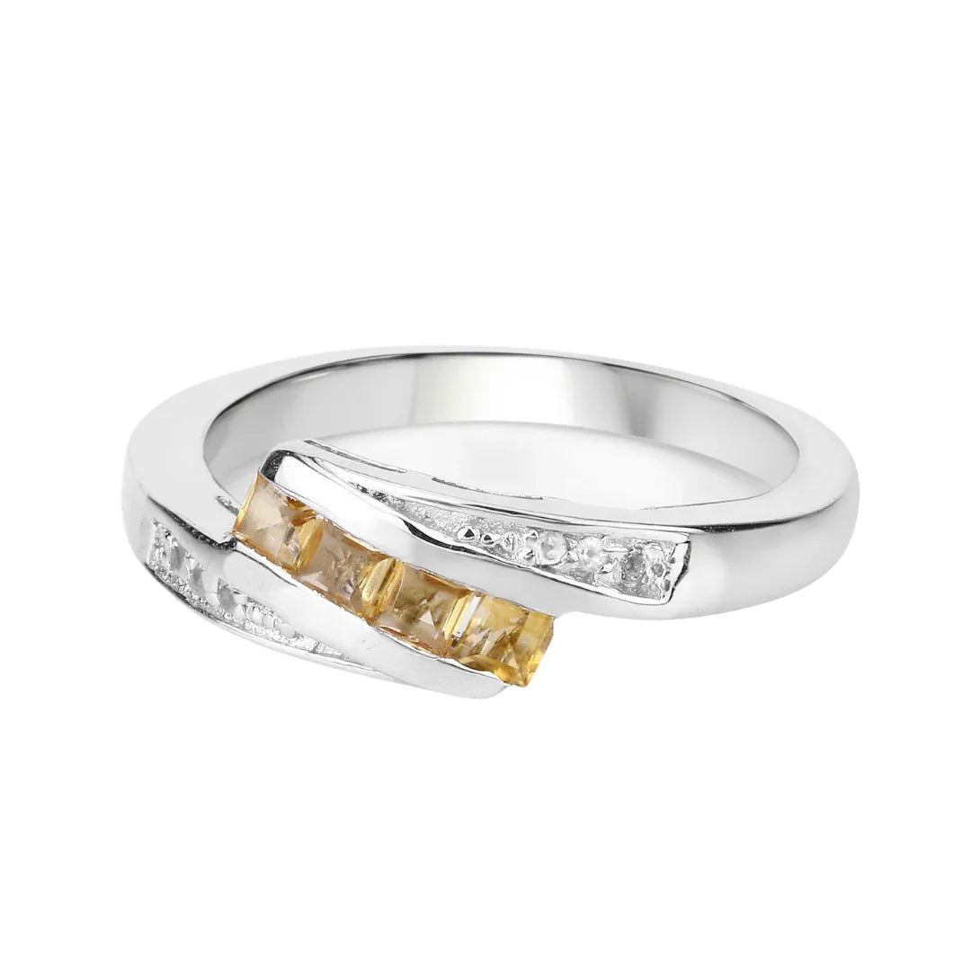 0.43 Ct Square Yellow Citrine and White Topaz Channel Silver Bypass Ring