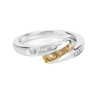 0.43 Ct Square Yellow Citrine and White Topaz Channel Silver Bypass Ring