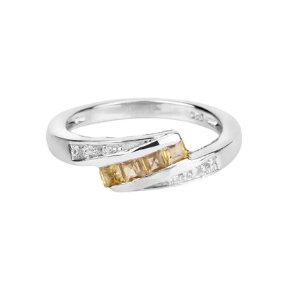 0.43 Ct Square Yellow Citrine and White Topaz Channel Silver Bypass Ring