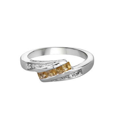 0.43 Ct Square Yellow Citrine and White Topaz Channel Silver Bypass Ring