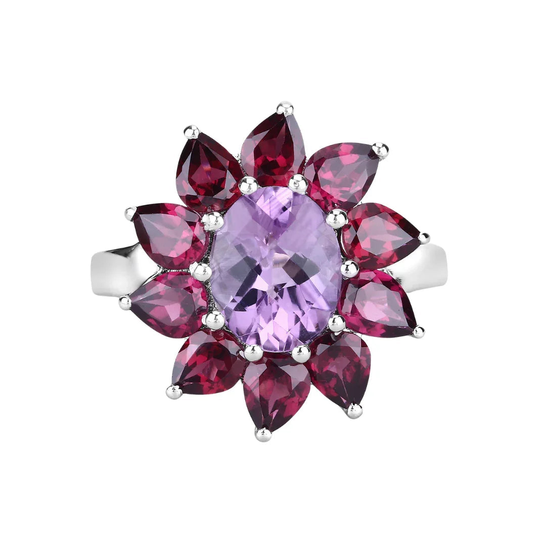 Natural Amethyst and Rhodolite Floral Ring