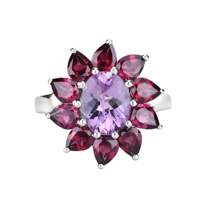 Natural Amethyst and Rhodolite Floral Ring