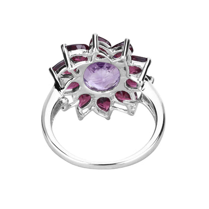 Natural Amethyst and Rhodolite Floral Ring
