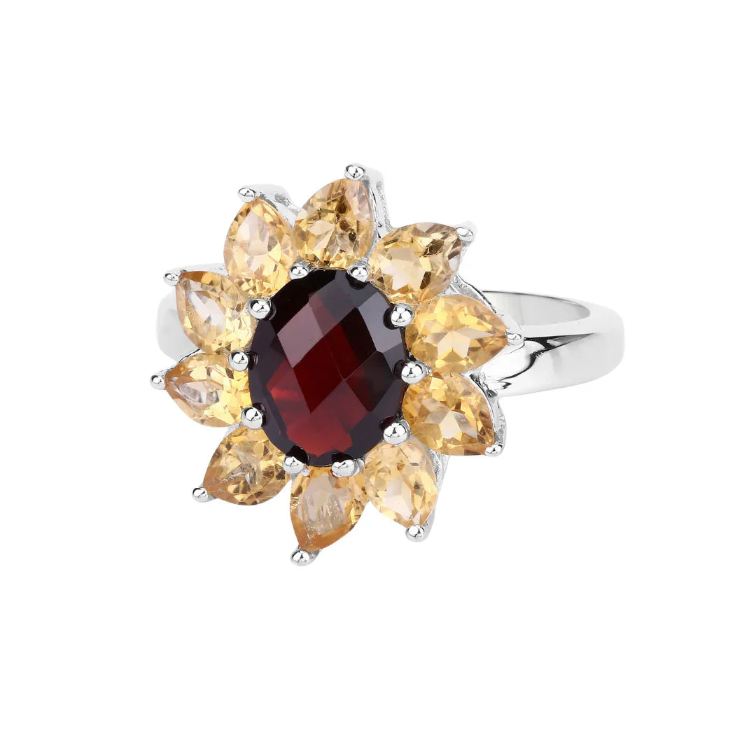 Natural Garnet and Citrine Sunflower Ring