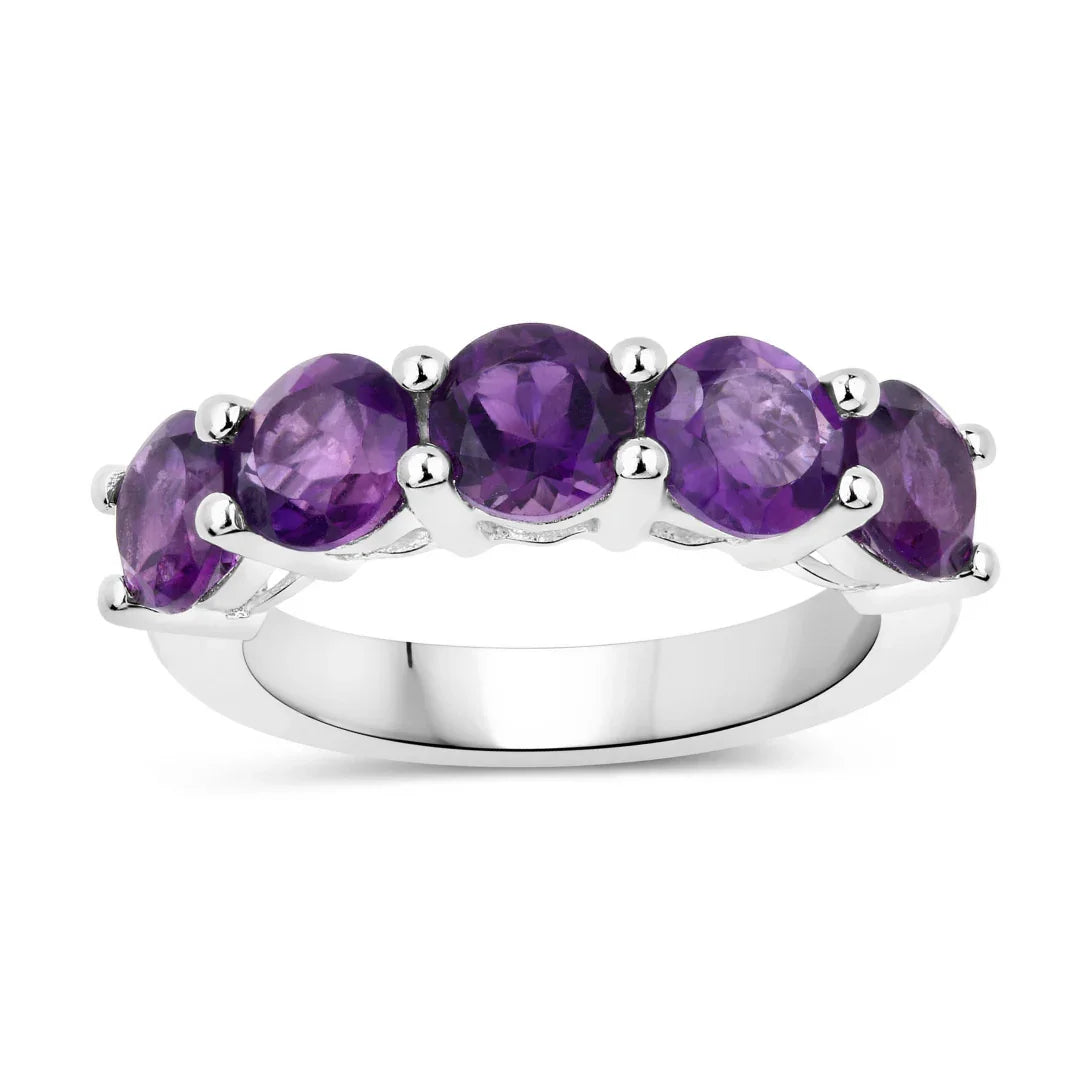 2.80 Ct Round Purple Amethyst Prong Silver 5 Stone Ring