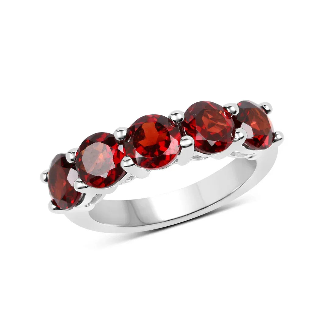 3.75 Ct Round Red Garnet Prong Silver 5 Stone Ring