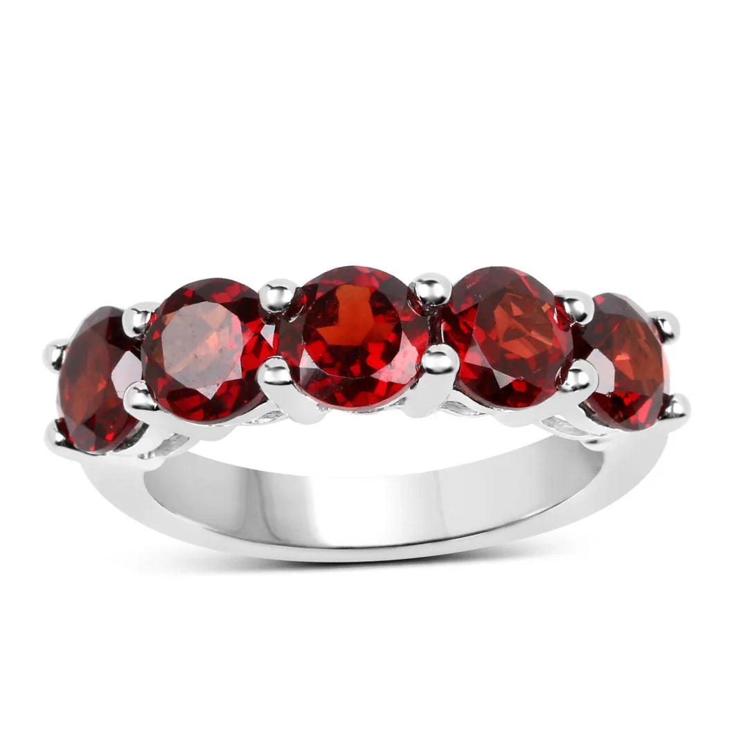 3.75 Ct Round Red Garnet Prong Silver 5 Stone Ring