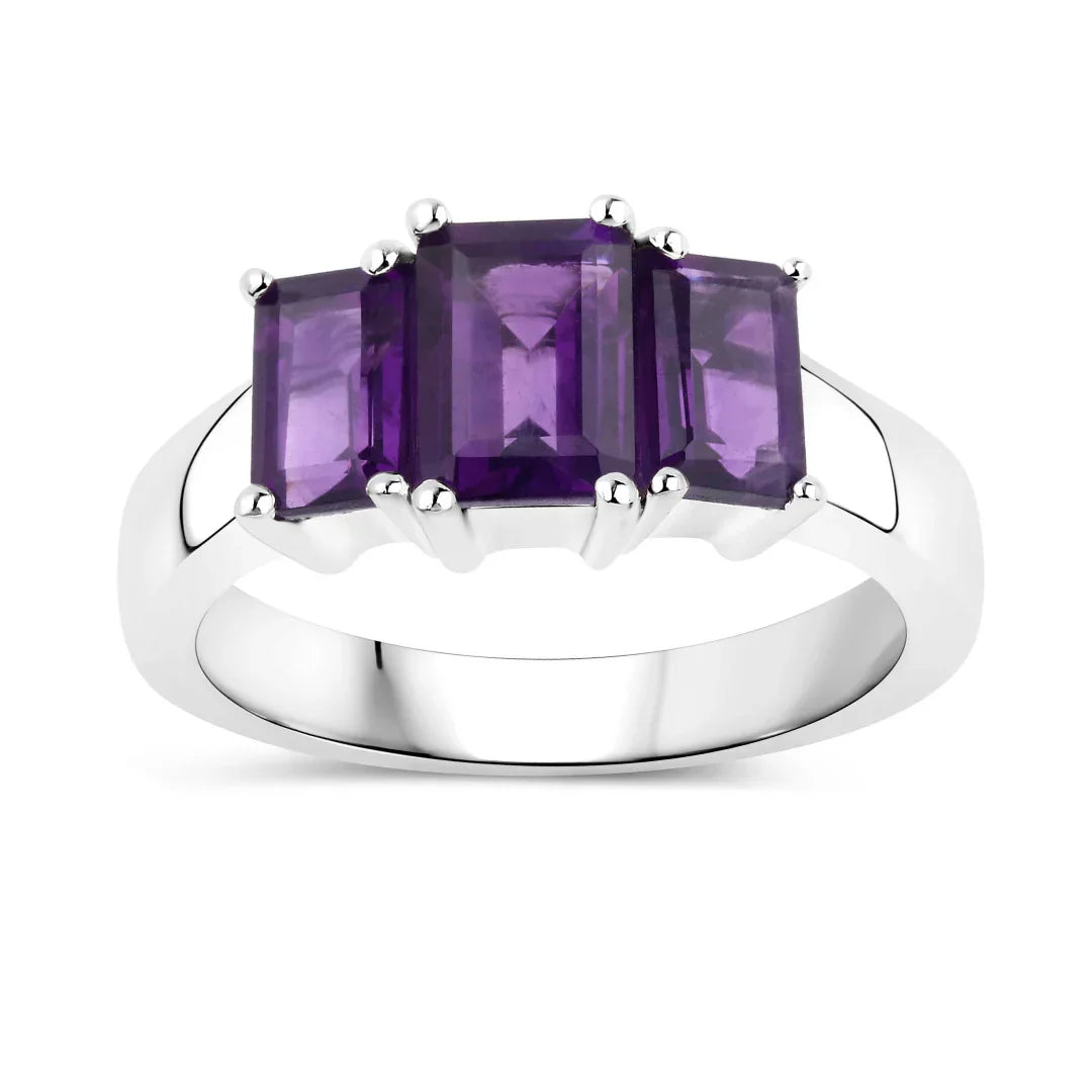 1.95 Ct Octagon Purple Amethyst Prong Silver Three Stone Ring