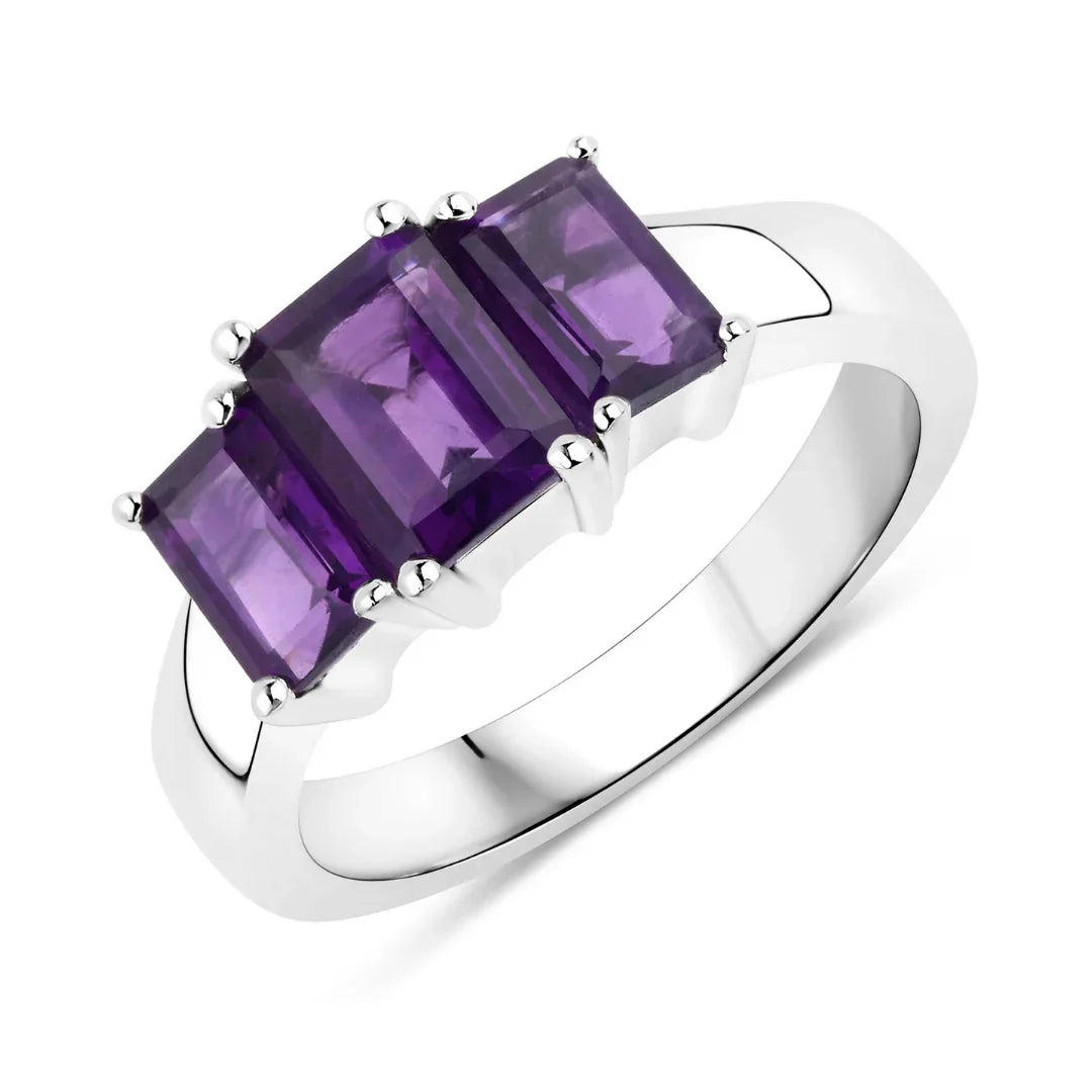 1.95 Ct Octagon Purple Amethyst Prong Silver Three Stone Ring
