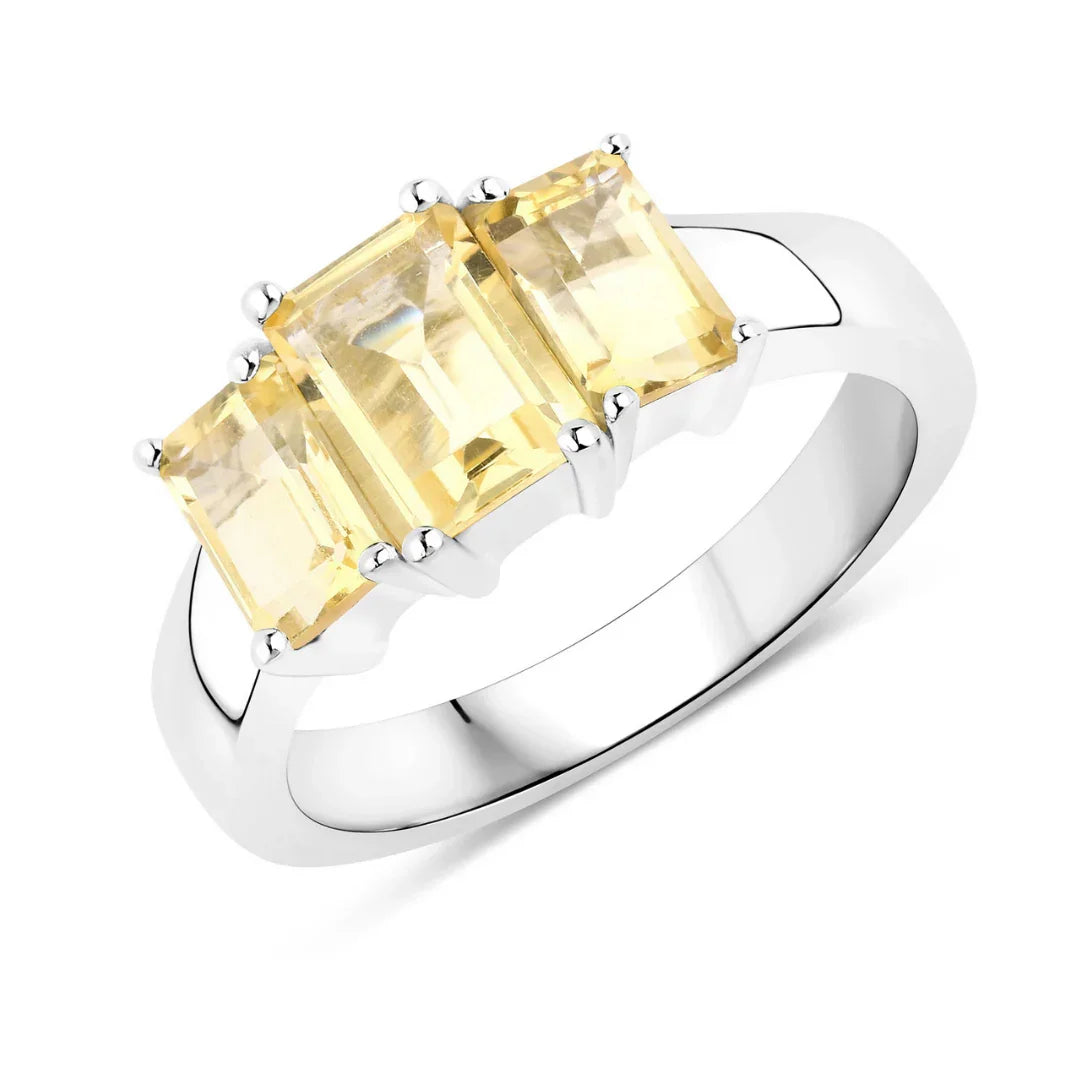 2.00 Ct Octagon Yellow Citrine and White Topaz Prong Silver Three Stone Ring