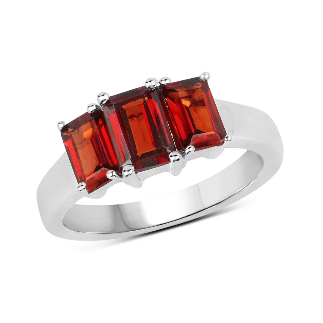 2.80 Ct Octagon Red Garnet Prong Silver Three Stone Ring