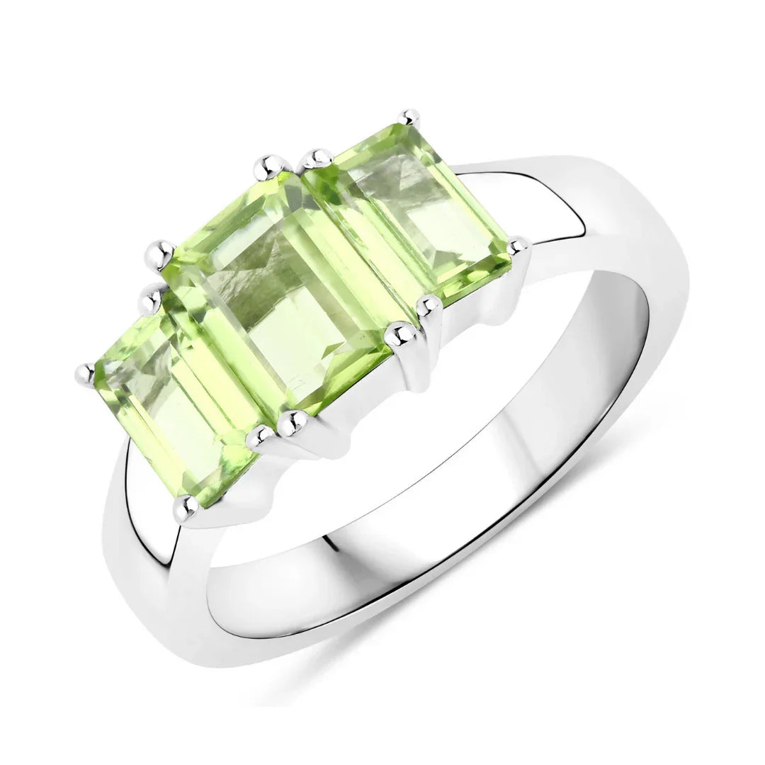 2.10 Ct Octagon Green Peridot Prong Silver Three Stone Ring