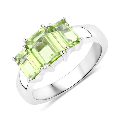 2.10 Ct Octagon Green Peridot Prong Silver Three Stone Ring