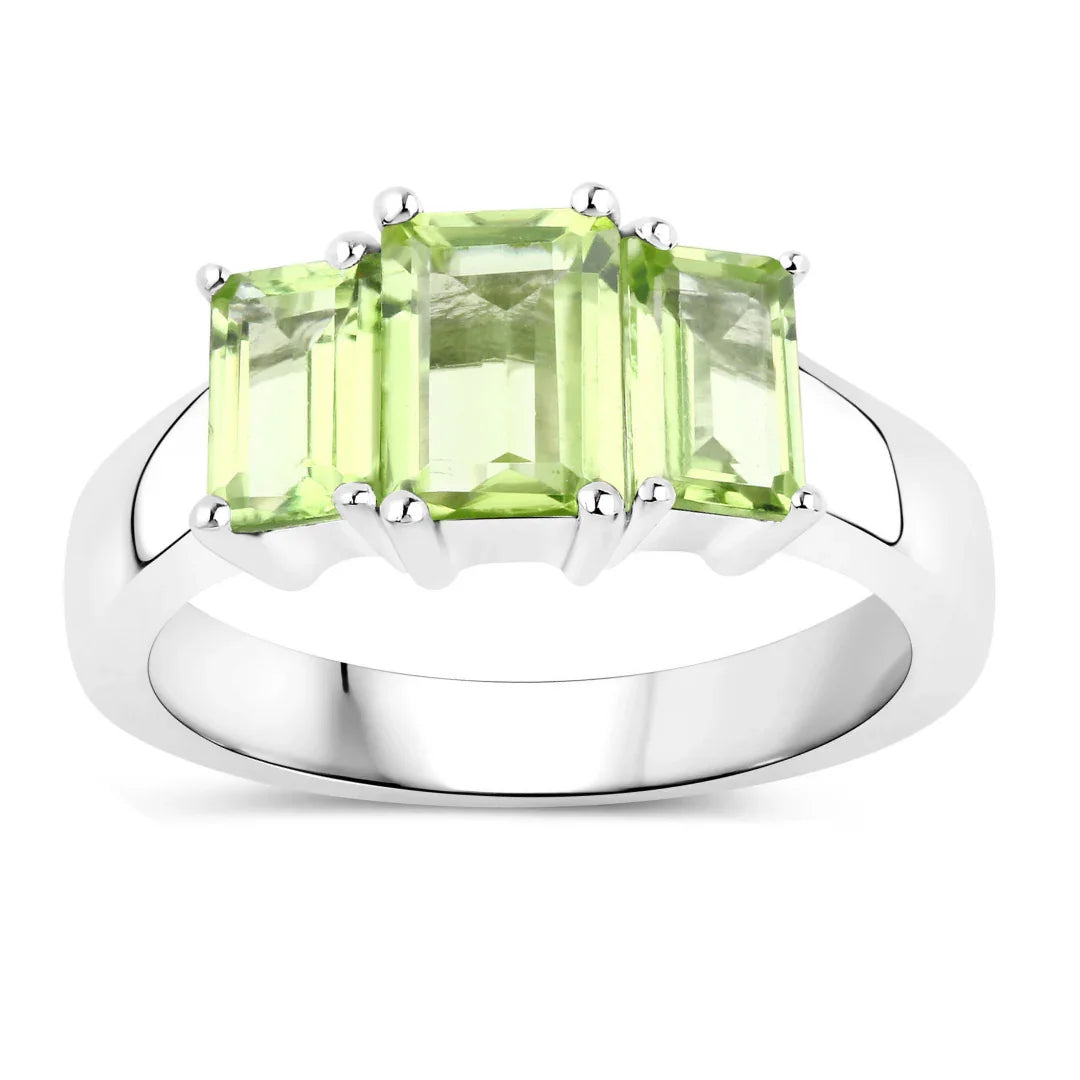 2.10 Ct Octagon Green Peridot Prong Silver Three Stone Ring