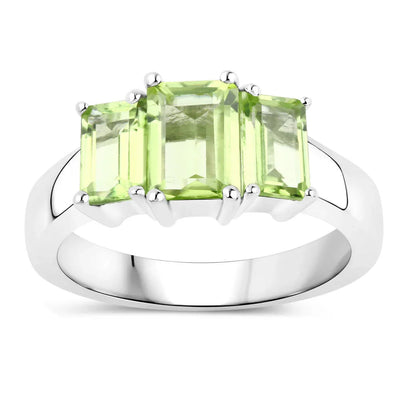 2.10 Ct Octagon Green Peridot Prong Silver Three Stone Ring