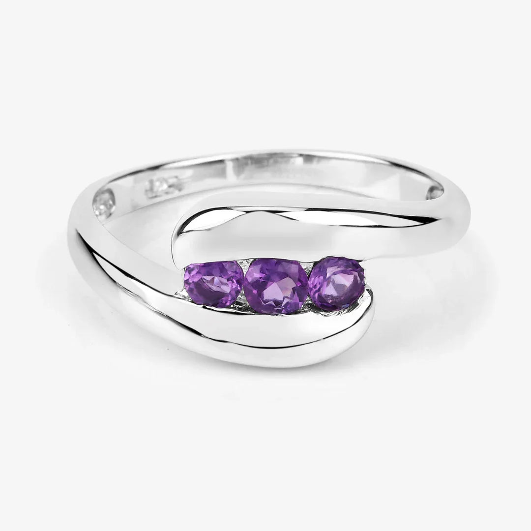 0.54 Ct Round Purple Amethyst Channel Silver Three Stone Bypass Ring