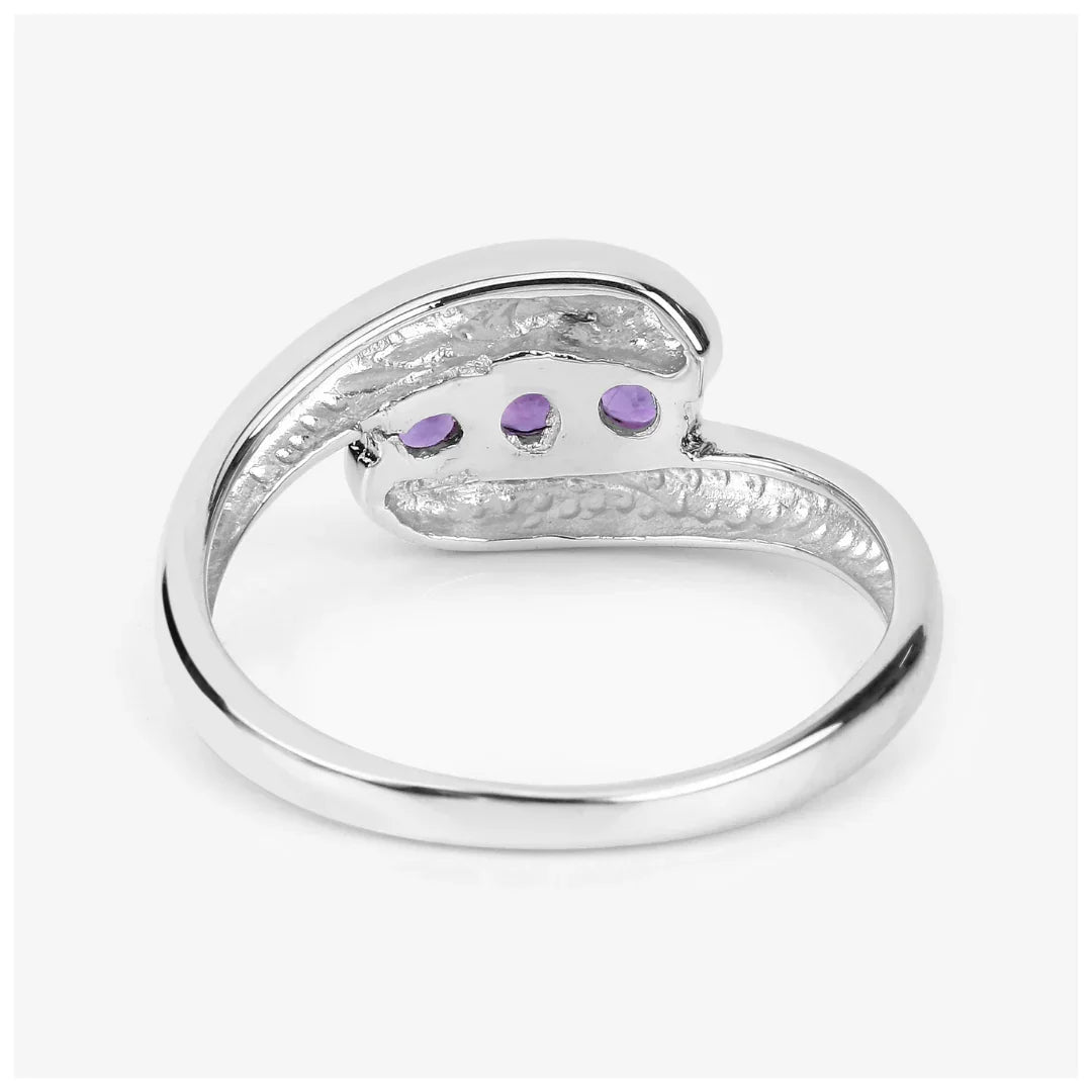 0.54 Ct Round Purple Amethyst Channel Silver Three Stone Bypass Ring