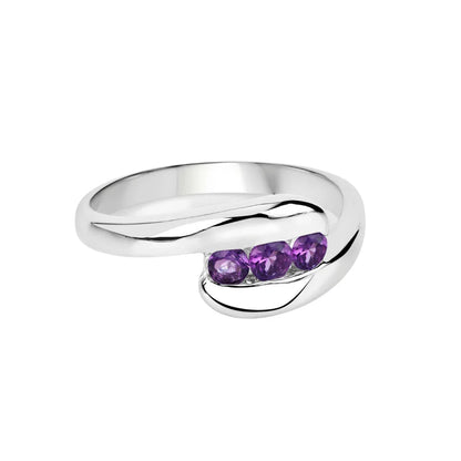 0.54 Ct Round Purple Amethyst Channel Silver Three Stone Bypass Ring