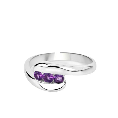 0.54 Ct Round Purple Amethyst Channel Silver Three Stone Bypass Ring