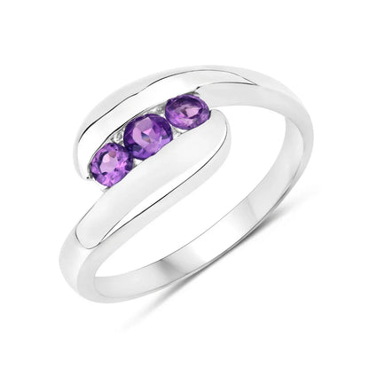 0.54 Ct Round Purple Amethyst Channel Silver Three Stone Bypass Ring