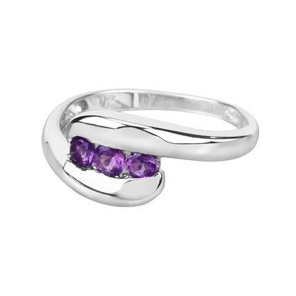 0.54 Ct Round Purple Amethyst Channel Silver Three Stone Bypass Ring