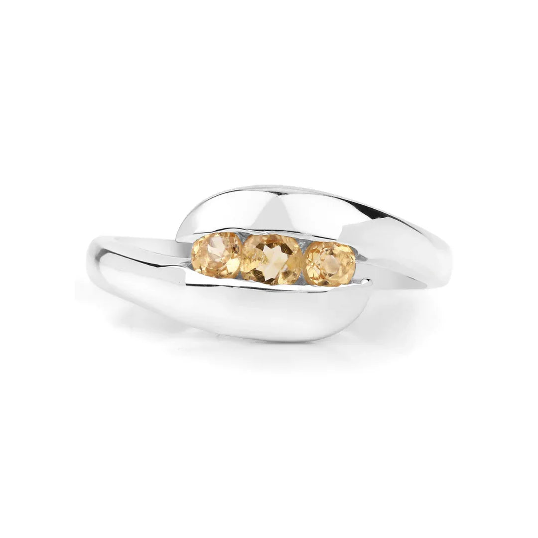 0.55 Ct Round Yellow Citrine and White Topaz Channel Silver Bypass Three Stone Engagement Ring