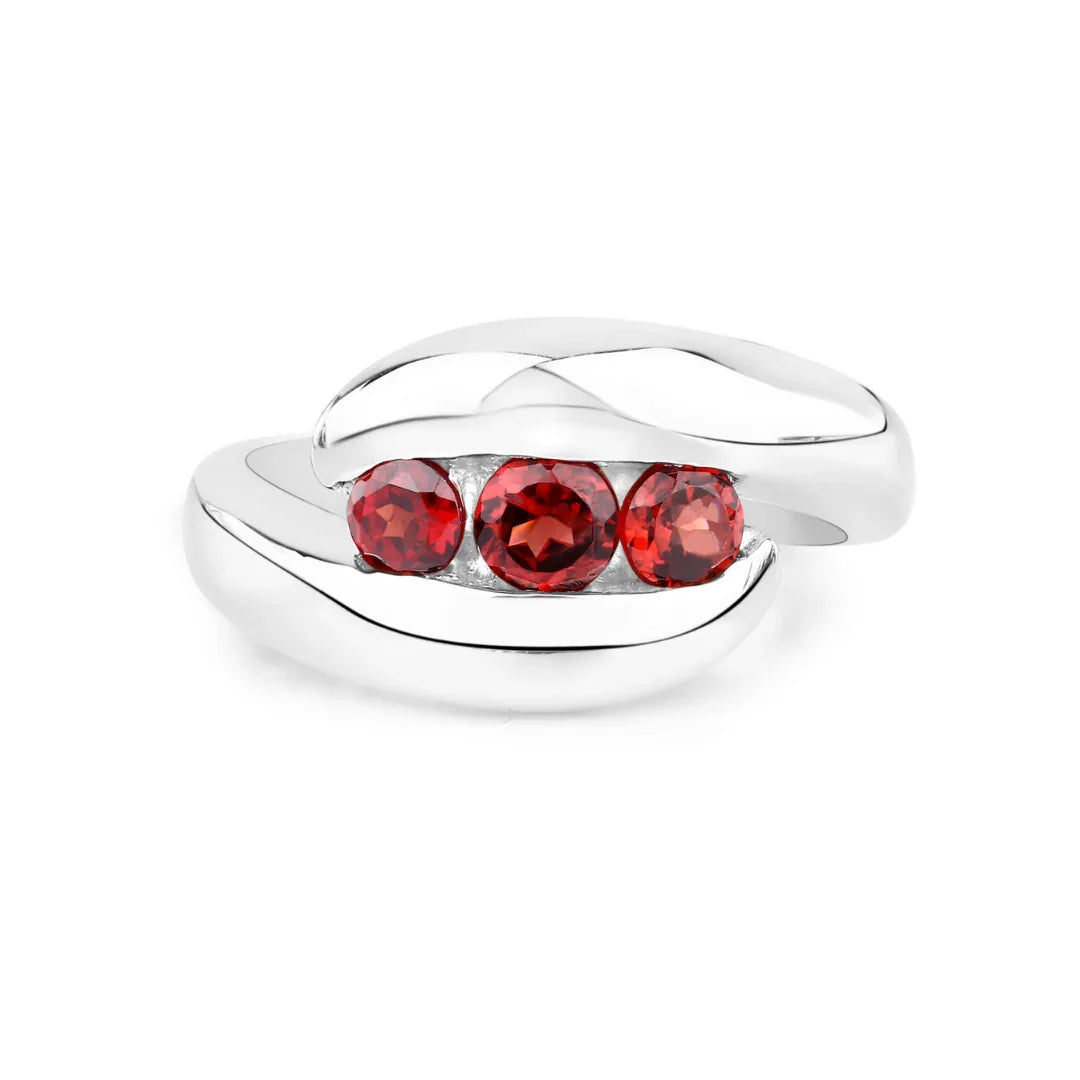 0.74 Ct Round Red Garnet Channel Silver Three stone Bypass Ring