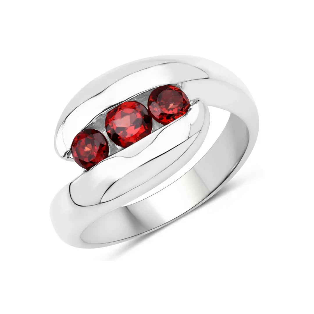 0.74 Ct Round Red Garnet Channel Silver Three stone Bypass Ring