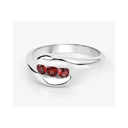 0.74 Ct Round Red Garnet Channel Silver Three stone Bypass Ring