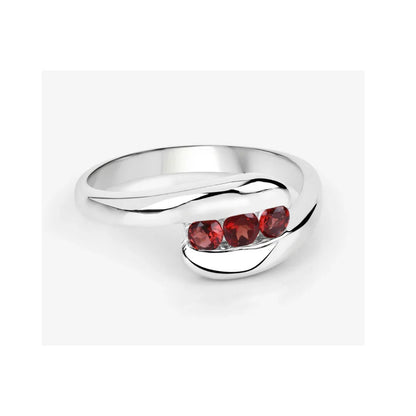 0.74 Ct Round Red Garnet Channel Silver Three stone Bypass Ring